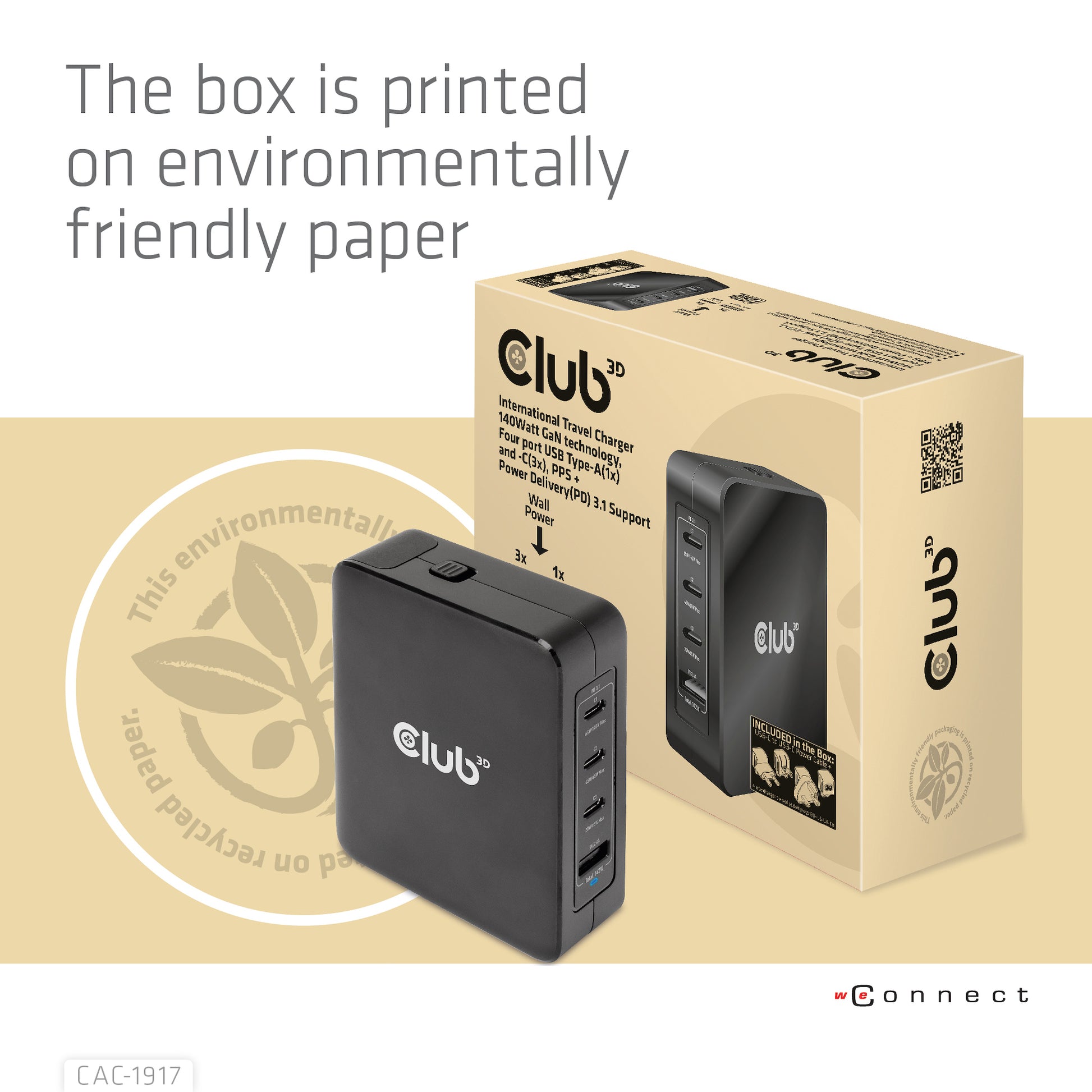 CLUB3D CAC-1917 USB-Desktop-Ladegerät 140 W – USB-C×3, USB-A×1 – PD, GaN