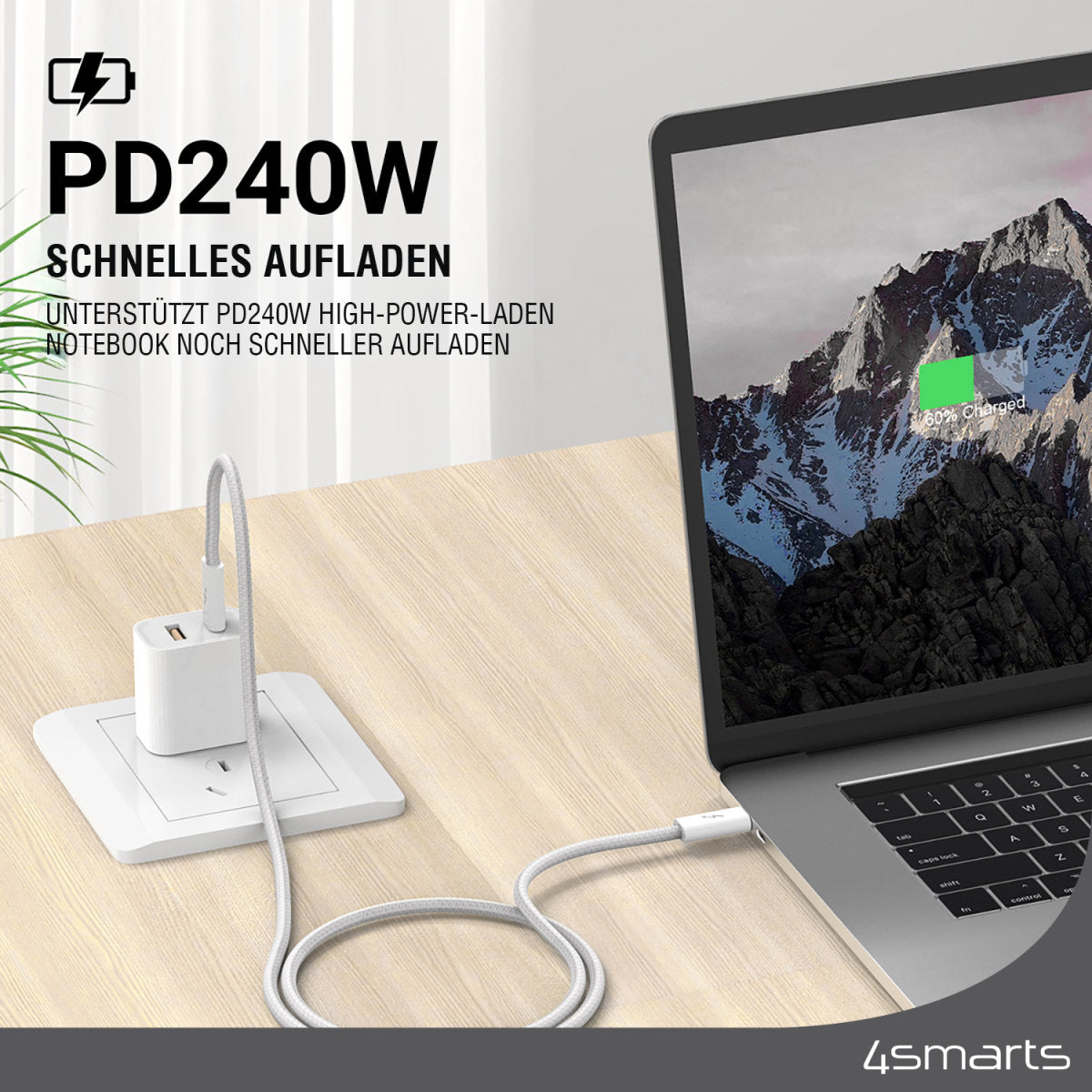 4smarts USB-C auf USB-C Kabel – USB 3.2 Gen 2 (10 Gbit/s) – 1,5 m – PD 240 W – Geflochten – Weiss
