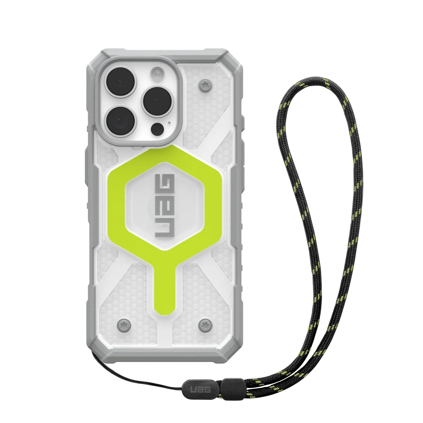 Urban Armor Gear Backcover – für Apple iPhone 16 Pro – transparent/gelb – MagSafe-kompatibel, mit Kordel