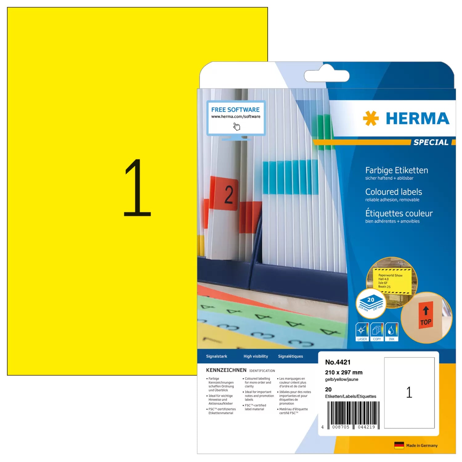 HERMA Druckeretiketten, 210 mm × 297 mm, Gelb, Papier, Wiederablösbar, 20 Blätter
