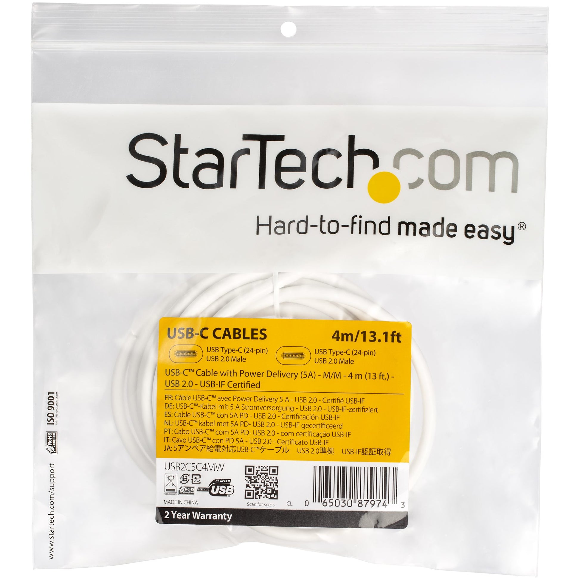 StarTech.com USB-C auf USB-C Kabel – USB 2.0 (480 Mbit/s) – 4 m – PD 100 W – USB-IF zertifiziert – Weiss