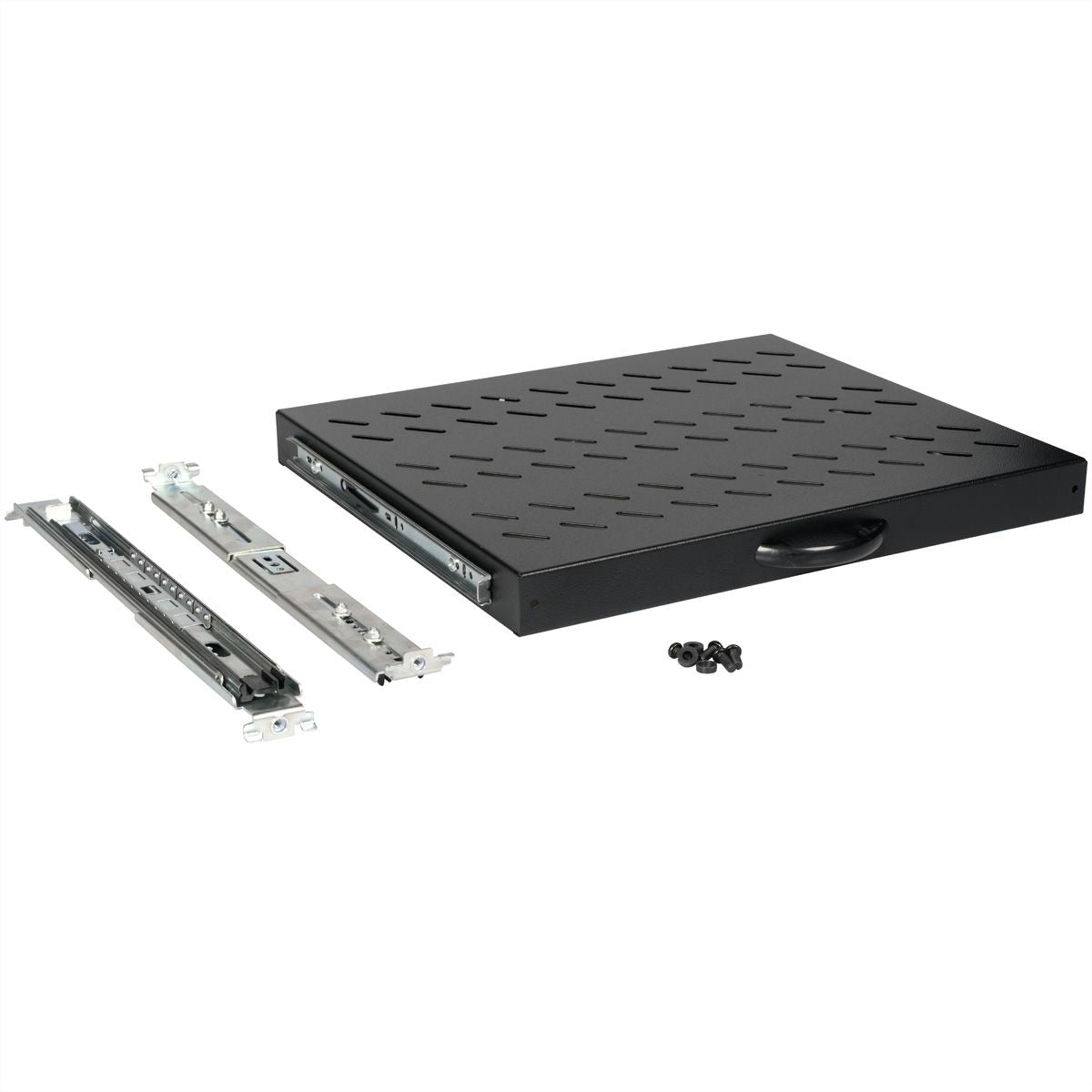 ROLINE Rack-Regalboden 19", ausziehbar – 1U – 485 × 368 × 40 mm – 25 kg – für 19"-Schränke – schwarz – Stahl