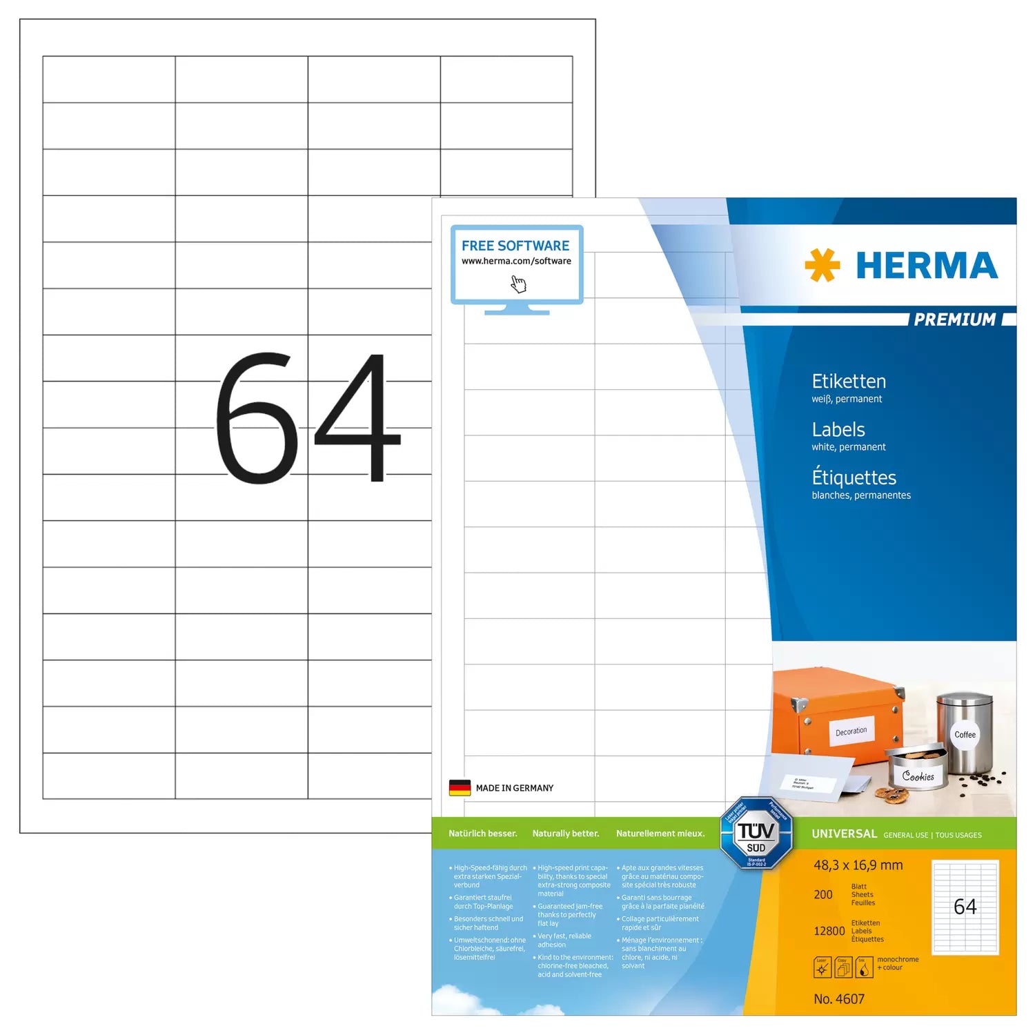 HERMA Etiketten auf A4-Bögen, 48 mm × 17 mm, Weiss, Papier, Permanent, 200 Blätter (12'800 Etiketten)