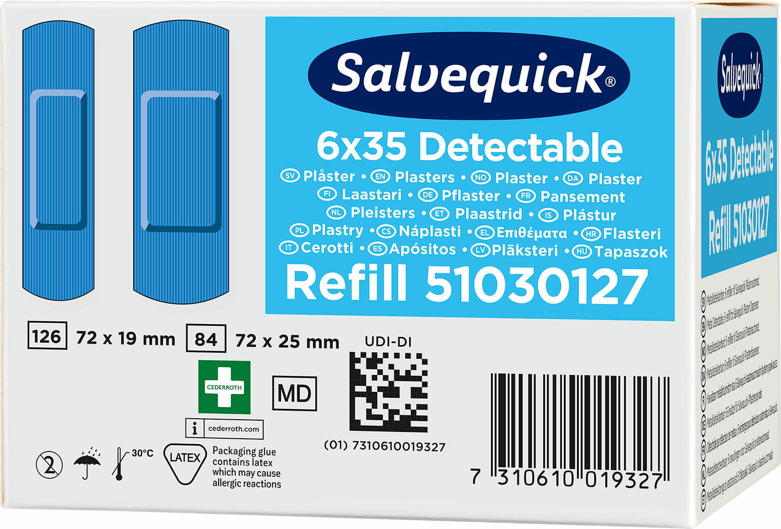 Cederroth Salvequick Pflaster-Nachfüllpackung – detektierbar – blau – sortiert – 6 × 35 Stk.