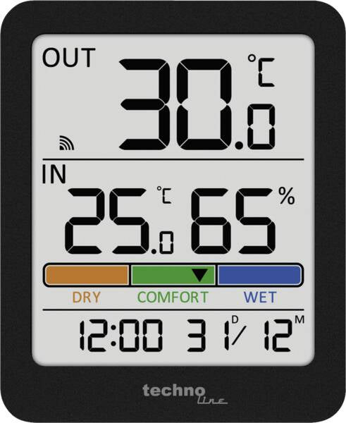 Technoline WS 9488 – Wetterstation, innen/aussen, Hygrometer, inkl. Aussensensor 30 m/433 MHz – schwarz