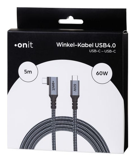 ONIT USB-C auf USB-C Kabel – USB4 20 Gbit/s – 5 m – PD 60 W – Textilmantel, Abgewinkelt – Schwarz/Grau