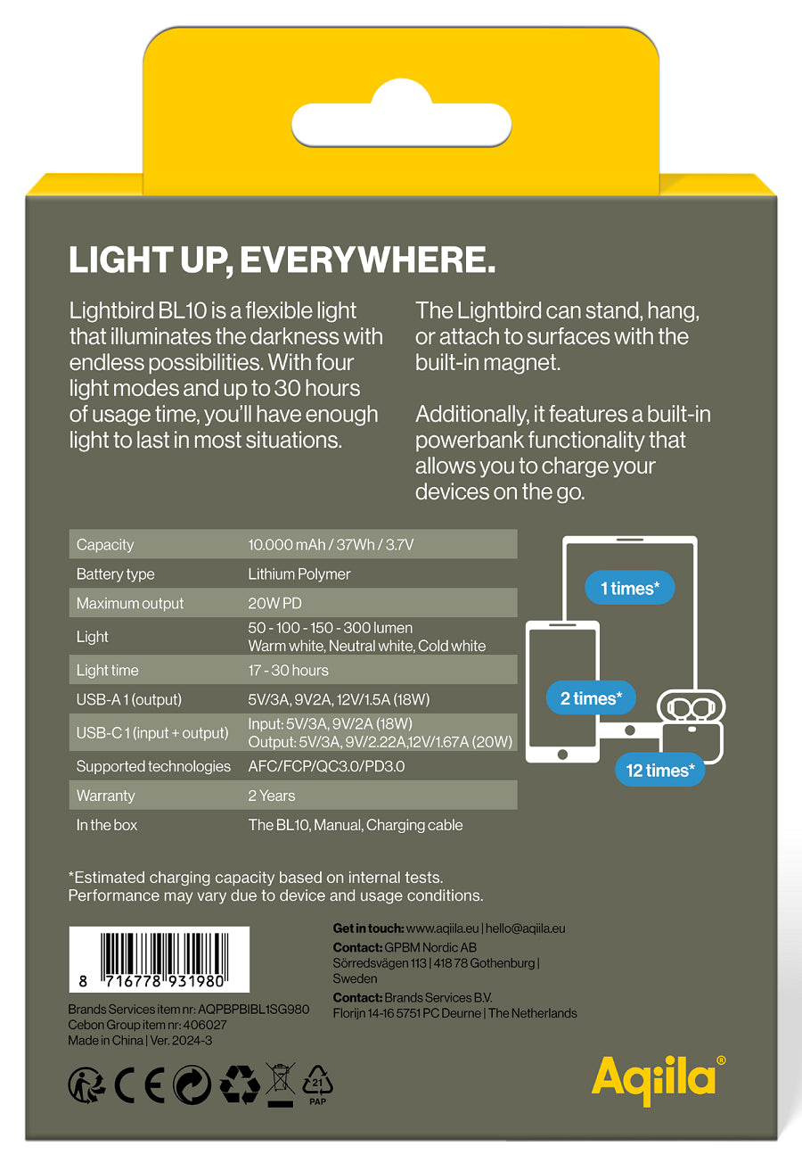 Aqiila Lightbird BL10 Outdoor Powerbank 10'000 mAh – 20 W PD, 1× USB-C, 1× USB-A, IP67, schwarz