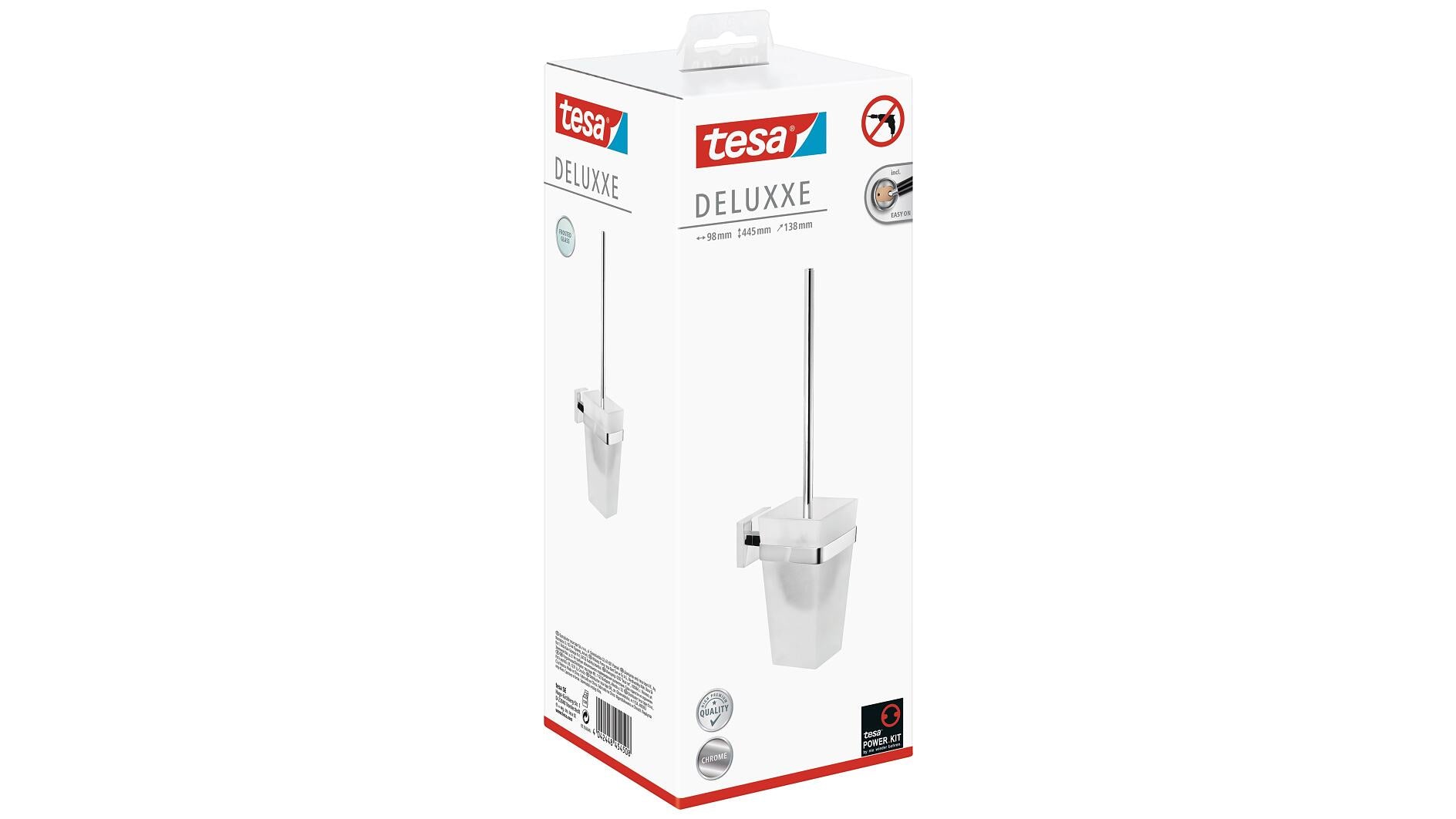 TESA DELUXXE WC-Garnitur – Glas/Chrom, Weiss, Wandmontage, 13,8 × 9,8 × 44,5 cm