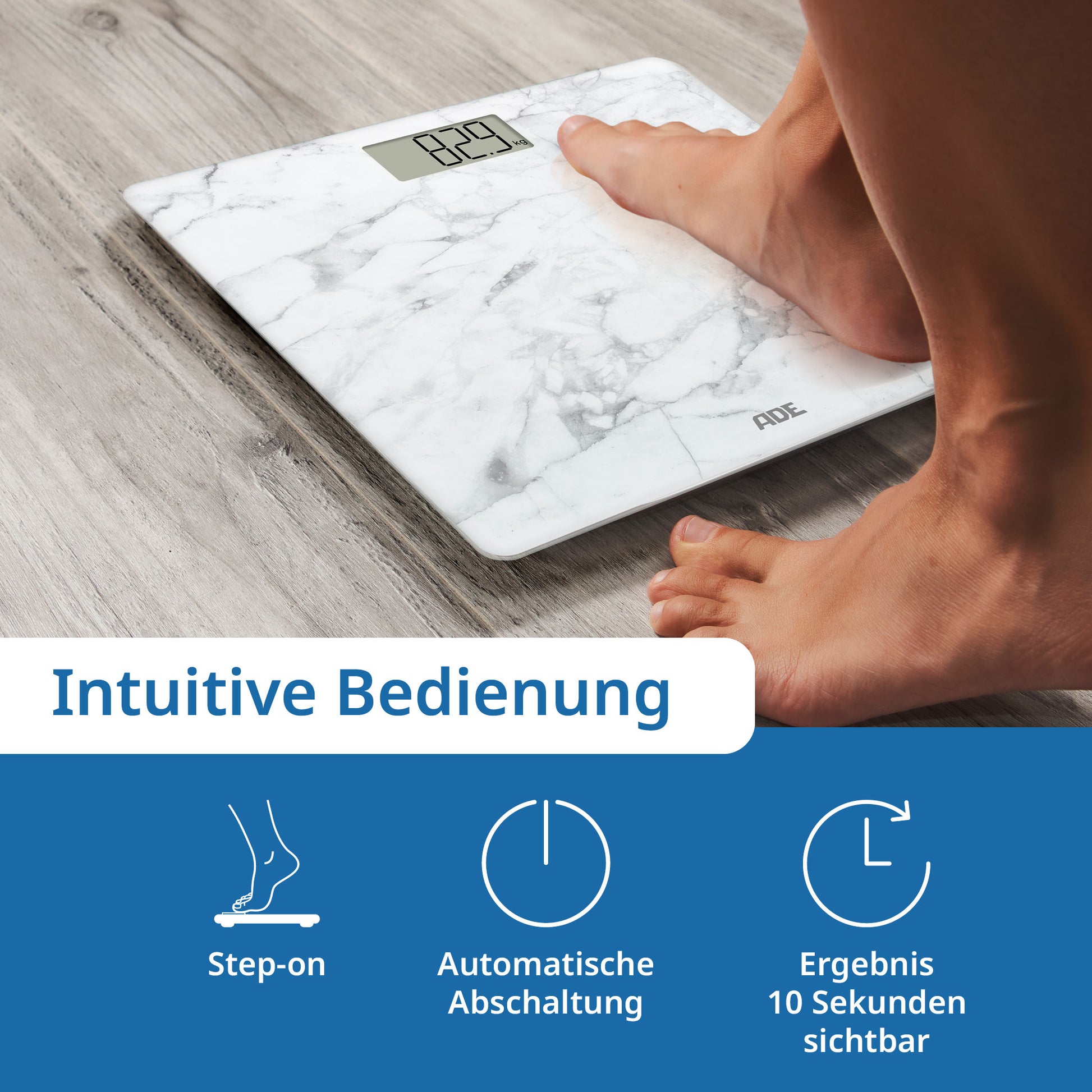 ADE Paketwaage BE2306-5 – Tragkraft 180 kg, Teilung 100 g, Wiegefläche 30 × 30 cm, Batterie, Sicherheitsglas