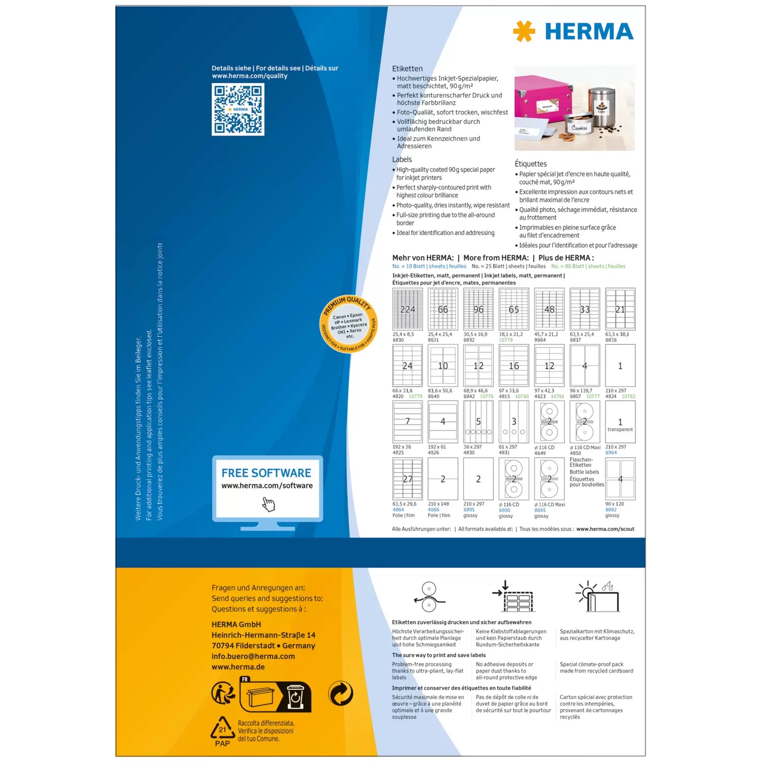 HERMA Inkjet-Etiketten, 97 mm × 42 mm, weiss, gestrichenes Spezialpapier, selbstklebend, 960 Stk. (80 Blatt)