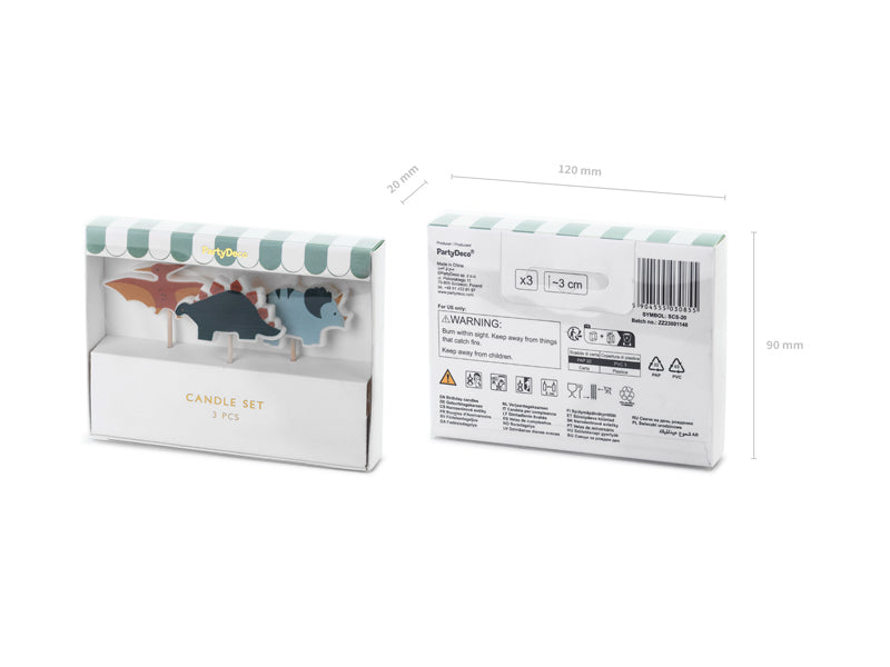 PartyDeco Geburtstagskerzen Dinosaurier – Mehrfarbig – 3 cm – 3 Stk