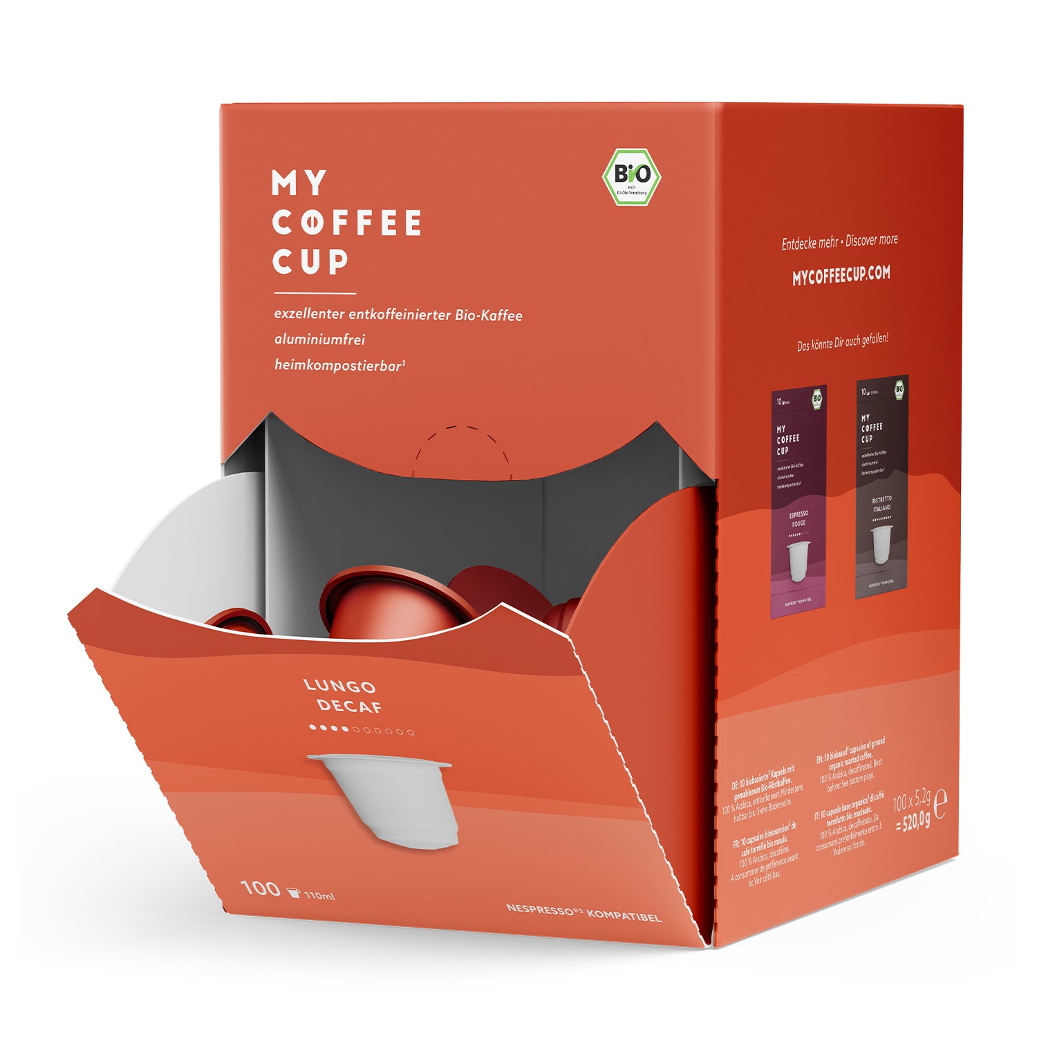 My Coffee Cup Kapseln für Nespresso – Café Crème, entkoffeiniert, Bio, Intensität 4, 100 Kapseln
