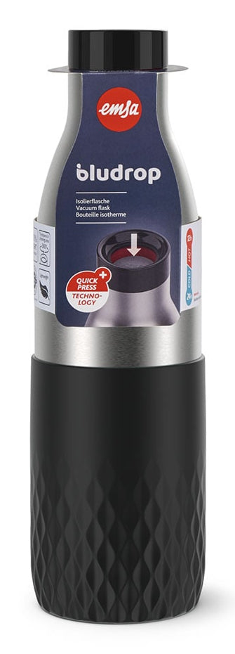 EMSA Bluedrop Isolierflasche 500 ml – Doppelwandig 12 h Heiss / 24 h Kalt, Edelstahl, Druckknopfdeckel, Schwarz
