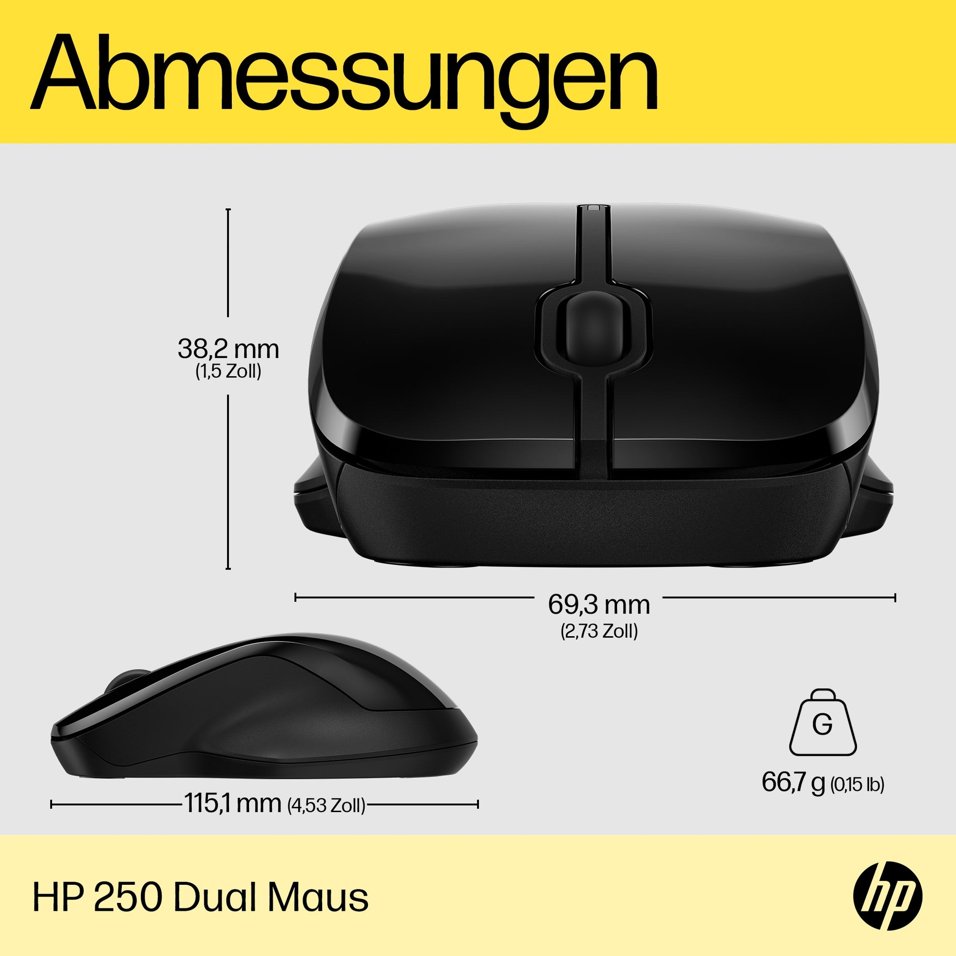 HP 250 Dual Maus – Kabellos (Bluetooth/2,4 GHz), 1600 DPI, Beidhändig, Schwarz
