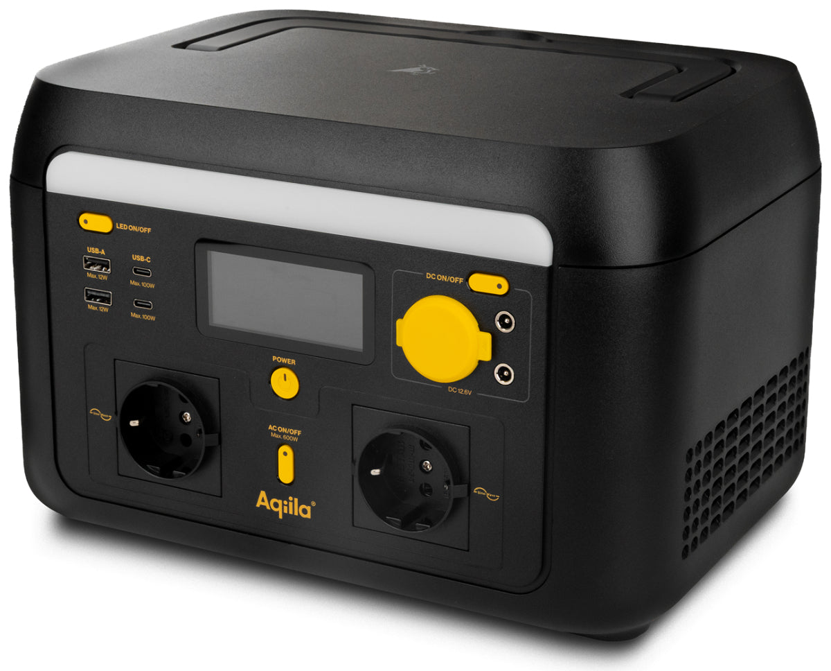 Aqiila Powerbird S600 – Powerstation, 512 Wh, 1'000 W AC, LiFePO4, 2× Schuko (Typ F), WLAN, LCD