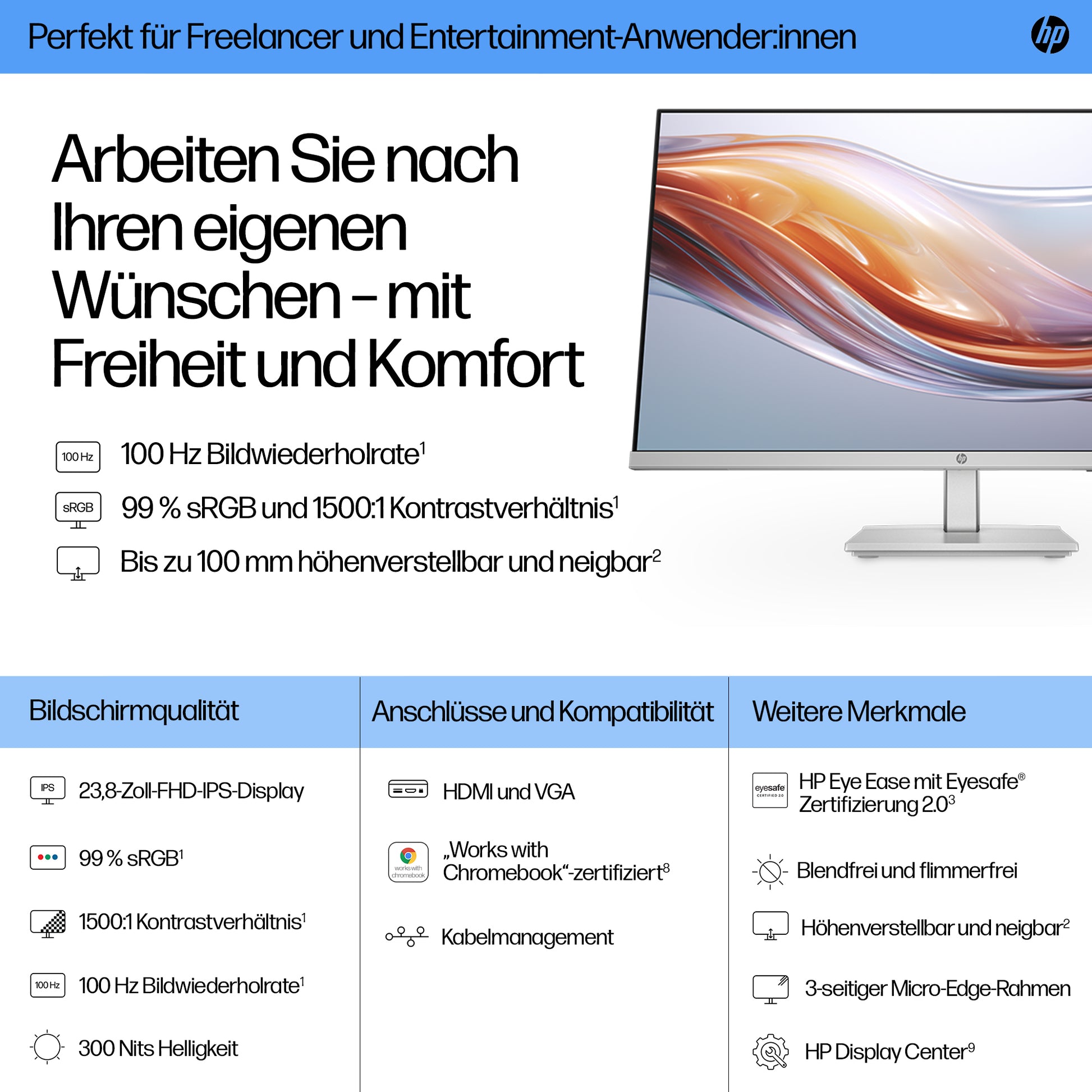 HP Serie 5 524sh – Monitor, 23,8" 1920 × 1080 (Full HD), LCD, Silber