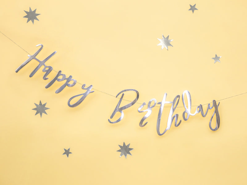 PartyDeco Fahnenbanner Happy Birthday – Silber – 62 × 16,5 cm – Papier – 1 Stk