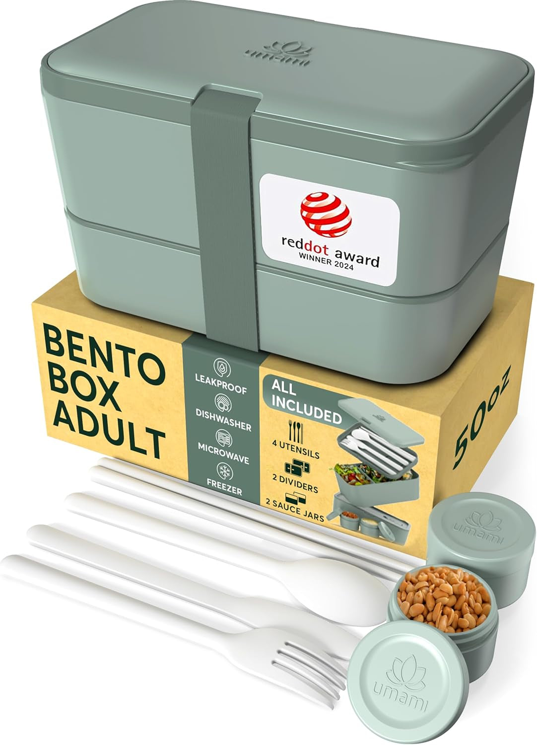 Umami Nestbare Bento Box – Lunchbox 1,5 l, 11 × 18,2 × 7 cm, Polypropylen (PP), grün