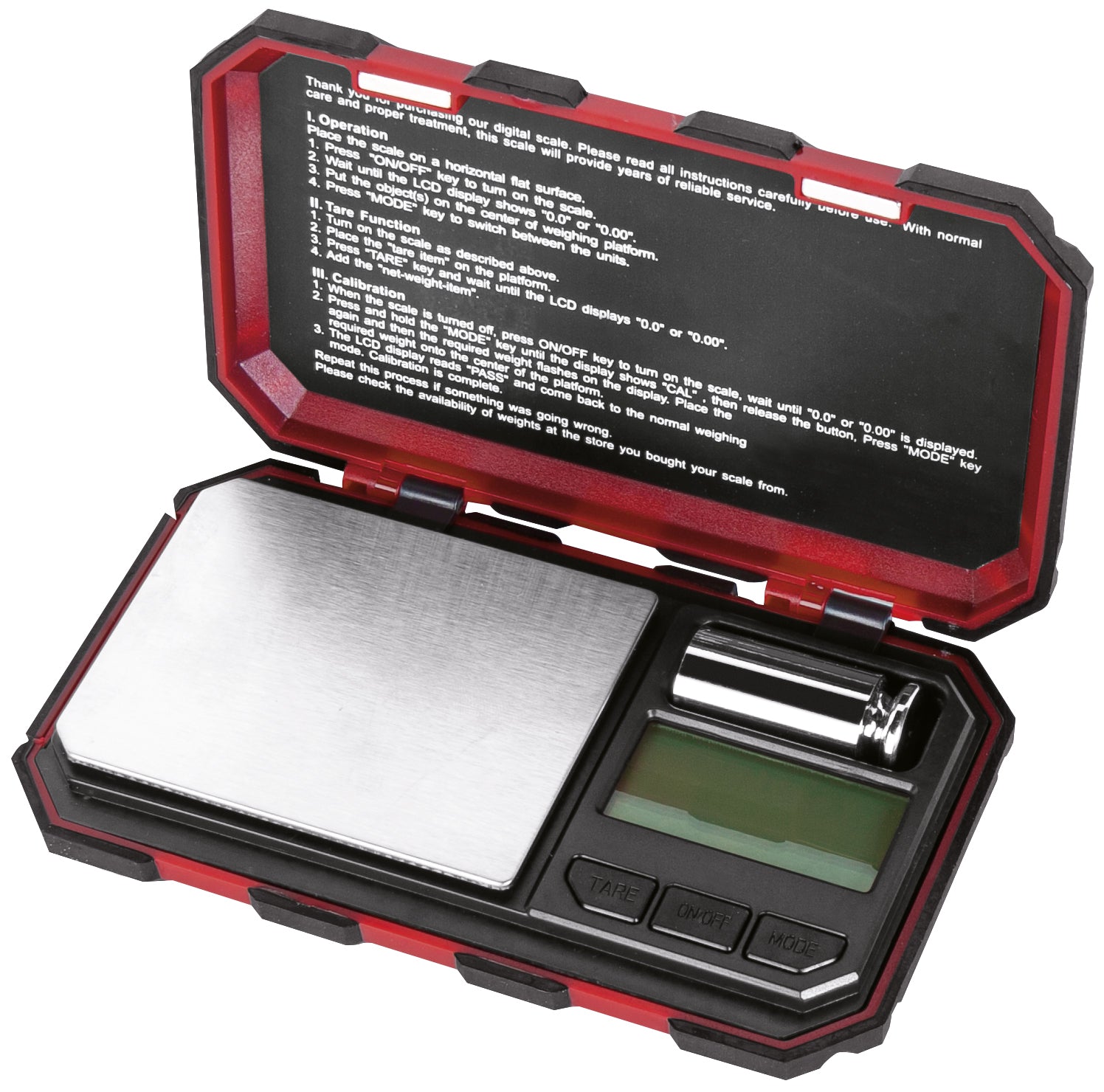 KRAFTWERK Taschenwaage 601.200.001 – Tragkraft 200 g, Teilung 0,03 g, Batterie, Rot