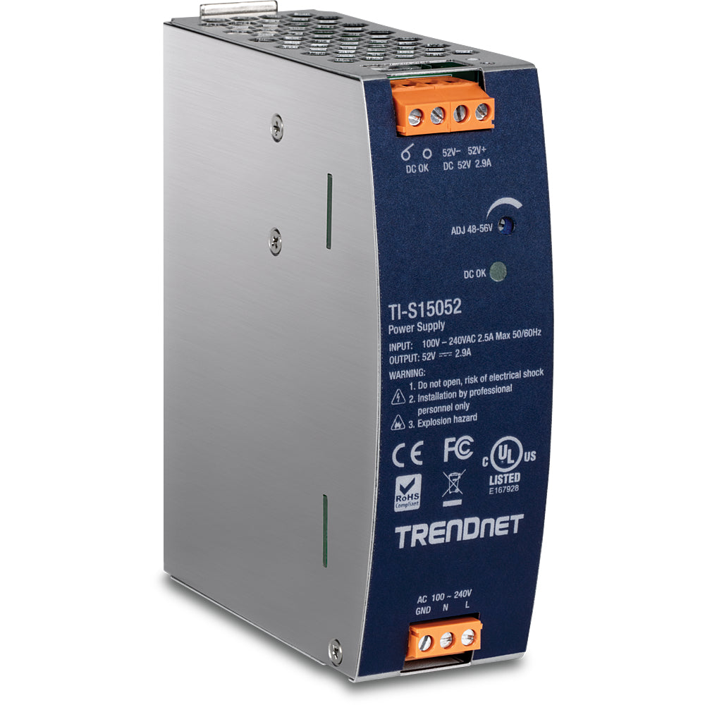 Trendnet TI-S15052 DIN-Schienen-Netzteil 150 W, 52 V DC – Aktive PFC, Überlast-/Kurzschlussschutz – Hutschiene