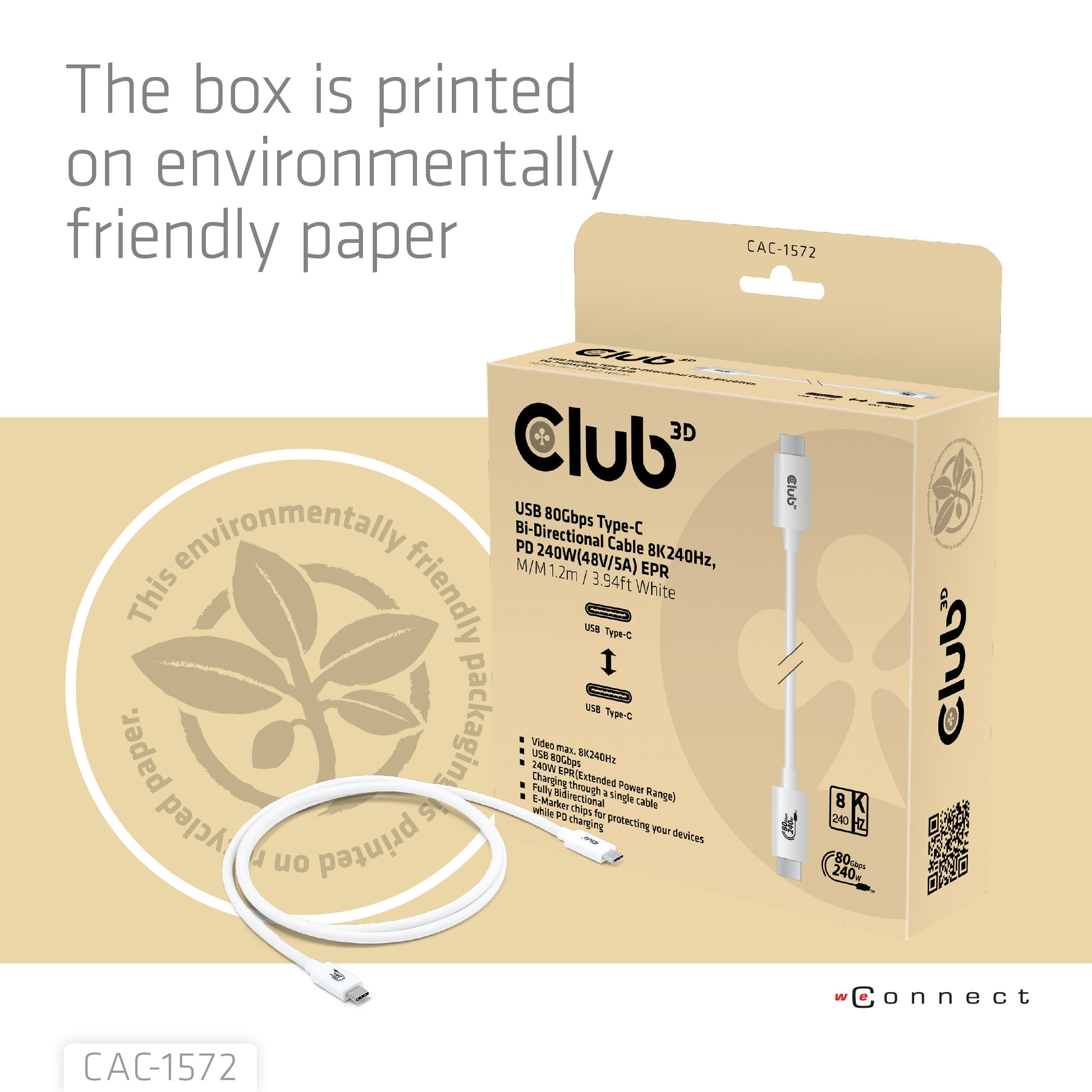 CLUB3D Club 3D – USB-C auf USB-C Kabel – USB4 80 Gbit/s – 1,2 m – PD 240 W – USB-IF zertifiziert – Weiss