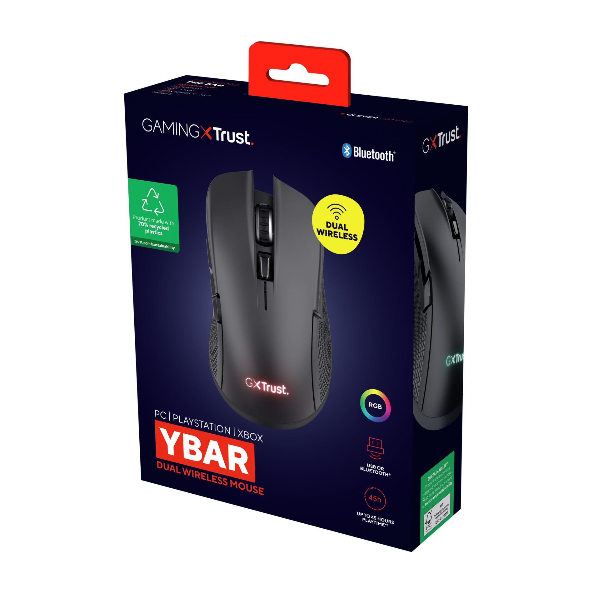 Trust GXT931 Ybar Gaming-Maus – Kabellos, Bluetooth, USB-C, 7'200 dpi, 4 Tasten, Rechtshänder, Schwarz