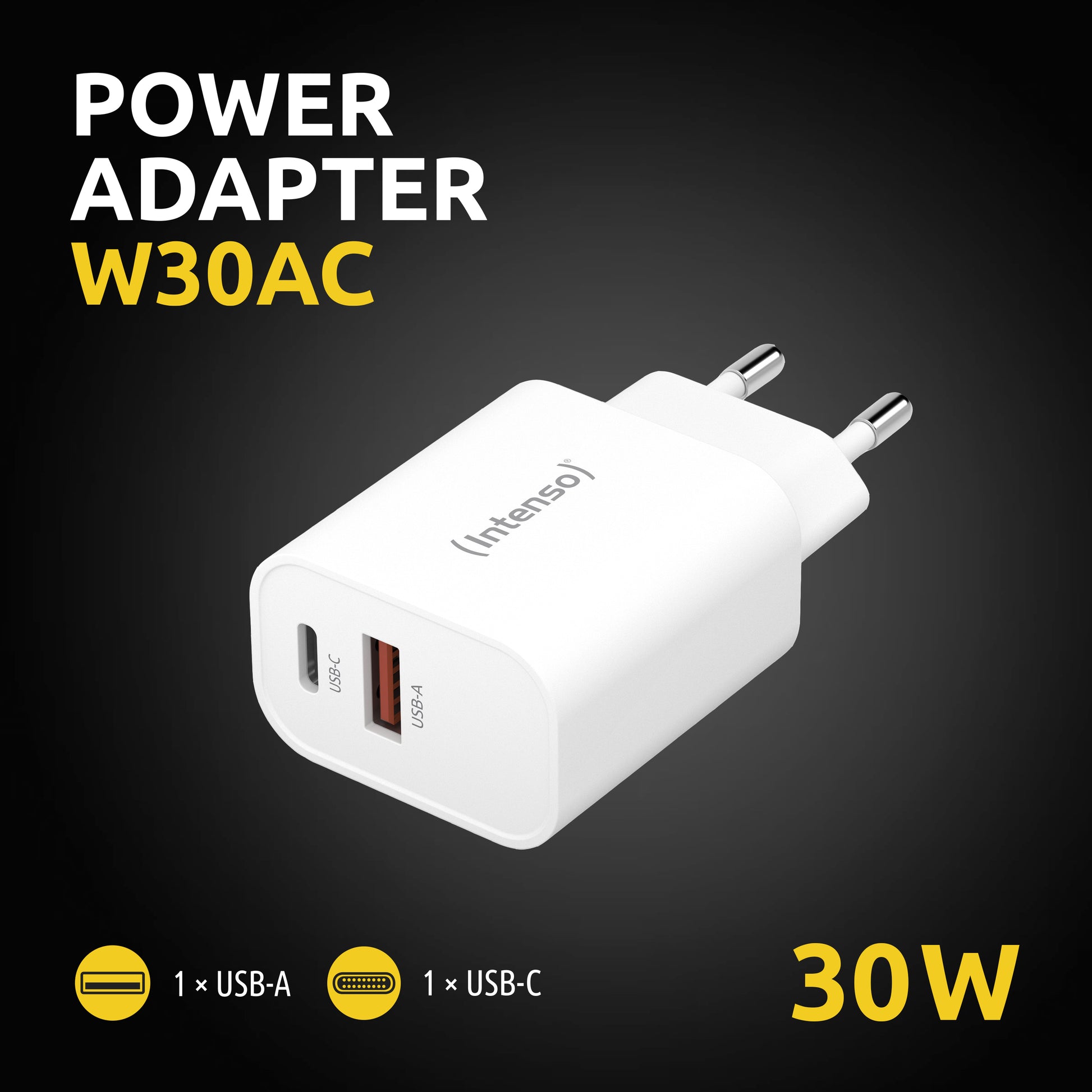 Intenso W30AC USB-Wandladegerät 30 W – USB-C×1, USB-A×1 – PD – EU-Stecker (Typ C) – Weiss