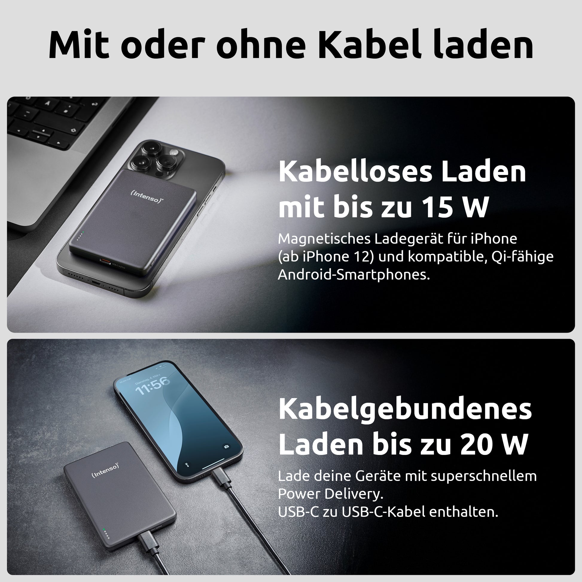 Intenso MW5000 MagSafe Powerbank 5'000 mAh – 20 W PD, Wireless 15 W, 1× USB-C, Grau