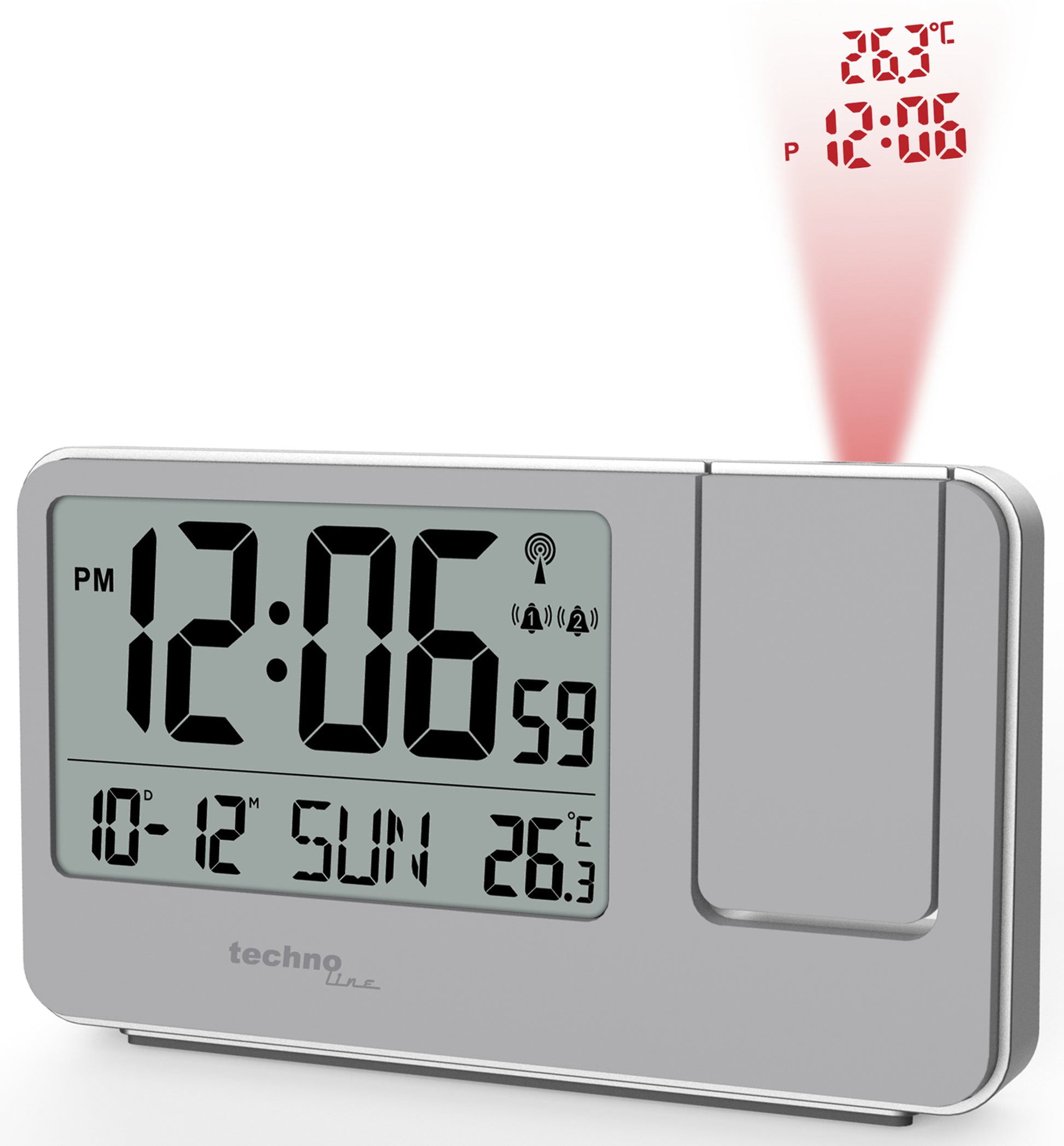 Technoline WT 534 Projektionswecker – Funk, Thermometer, 14,3 × 8,4 × 3,9 cm, Silber