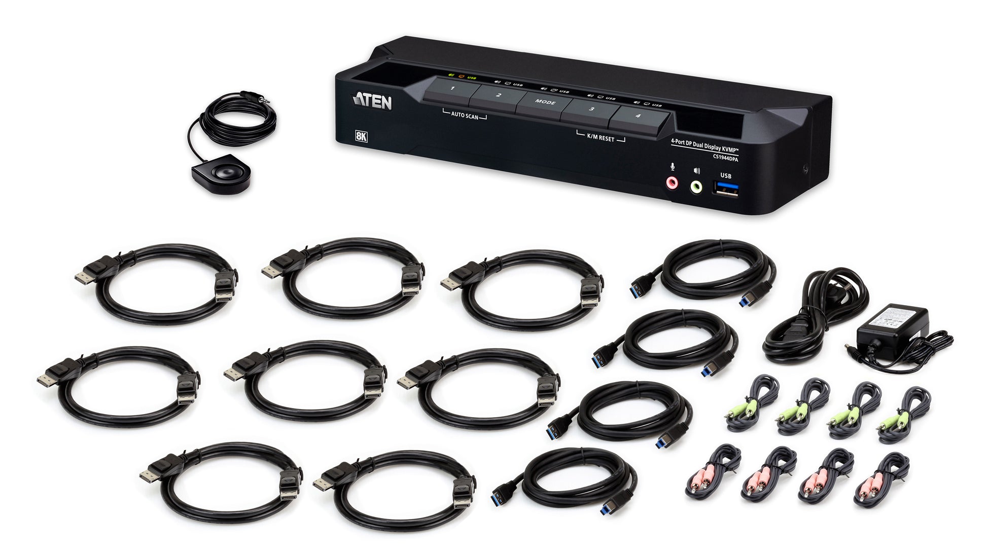 ATEN 4-Port DisplayPort Dual-View KVM-Switch – 7680 × 4320/60 Hz, USB 3.0-Hub, Audio