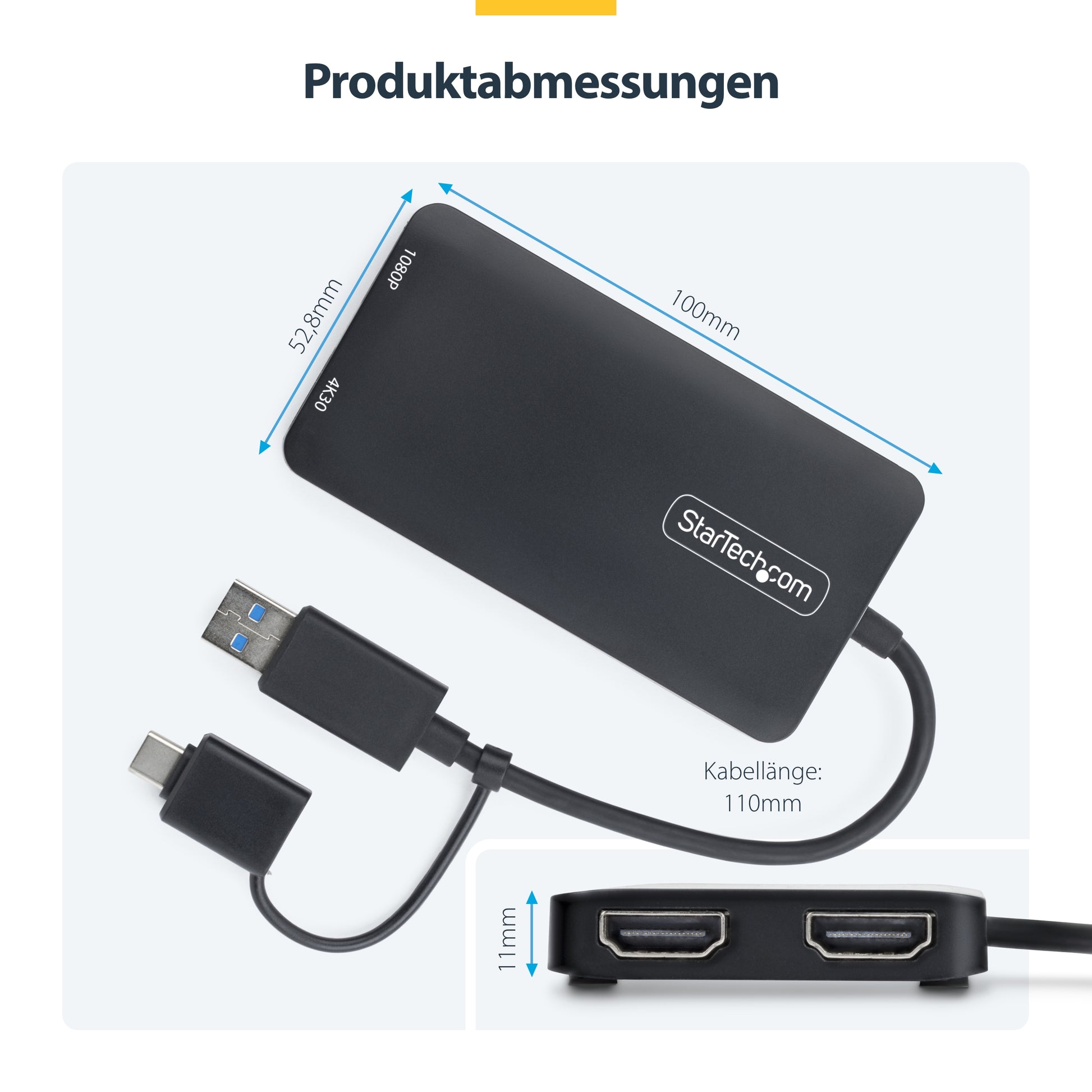 StarTech.com Dual-HDMI USB-A/USB-C Adapter – 4K (3840 × 2160) @ 30 Hz, 11 cm – für Windows, macOS, Chrome OS