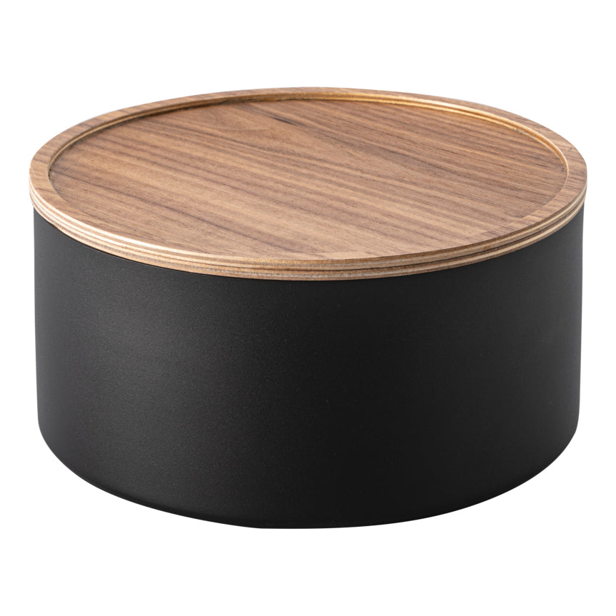 Yamazaki Aufbewahrungsbox (mit Deckel) – Stahl/Holz – Schwarz/Natur – Ø 220 × H 110 mm