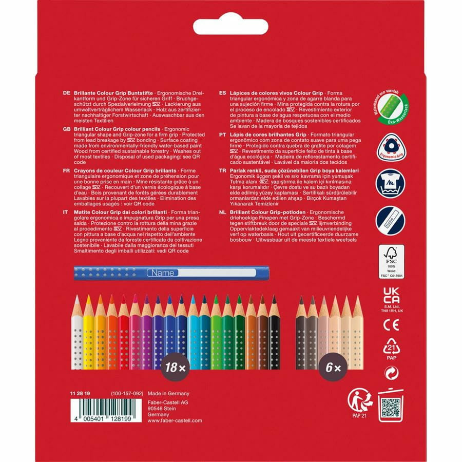 Faber-Castell Aquarellfarbstifte Colour GRIP – Dreikant, Minen-Ø 3,0 mm, 24 Farben, im Kartonetui