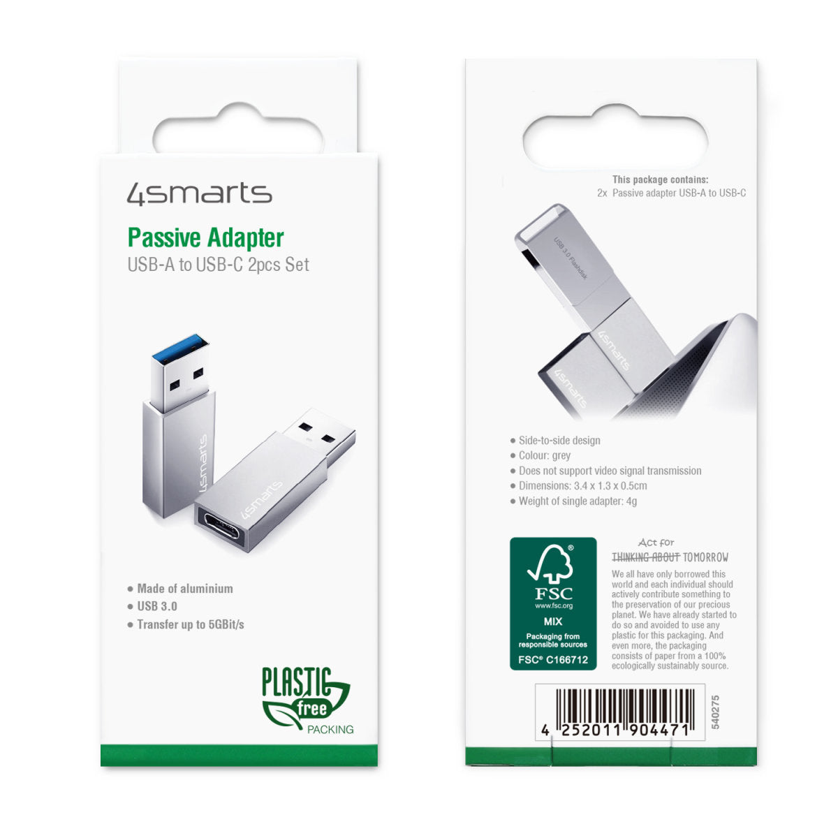 4smarts 540275 Adapter USB-A zu USB-C – USB 3,2 Gen 1 (5 Gbit/s), 2 Stück, Grau, für Windows, macOS, Android