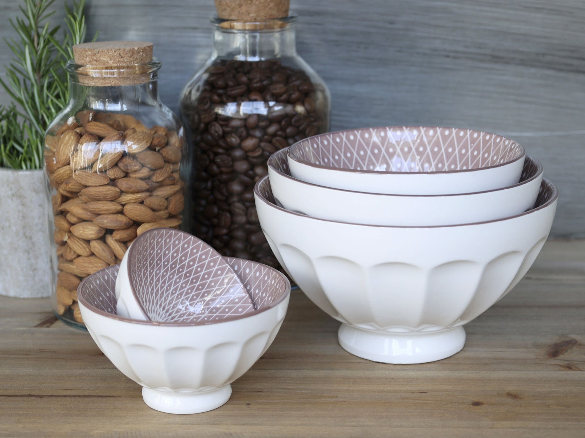Chic Antique Schüsselset Arés – 5-teiliges Set, Ø 14,5 cm, Porzellan, Weiss/Rosa, spülmaschinenfest