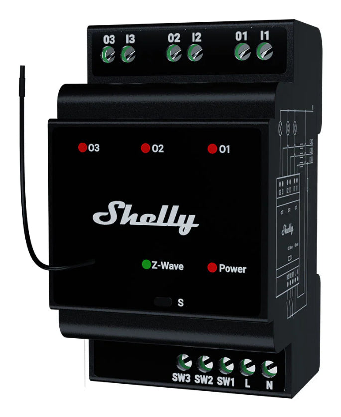 Shelly Wave Pro 3 EU LR – Smart-Hub/Bridge – Z-Wave, 3 Kanäle, 16 A pro Kanal, DIN-Schienen-Montage