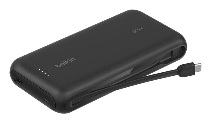 Belkin Powerbank 20000 mAh, PD 30 W, integriertes USB-C-Kabel, Schwarz