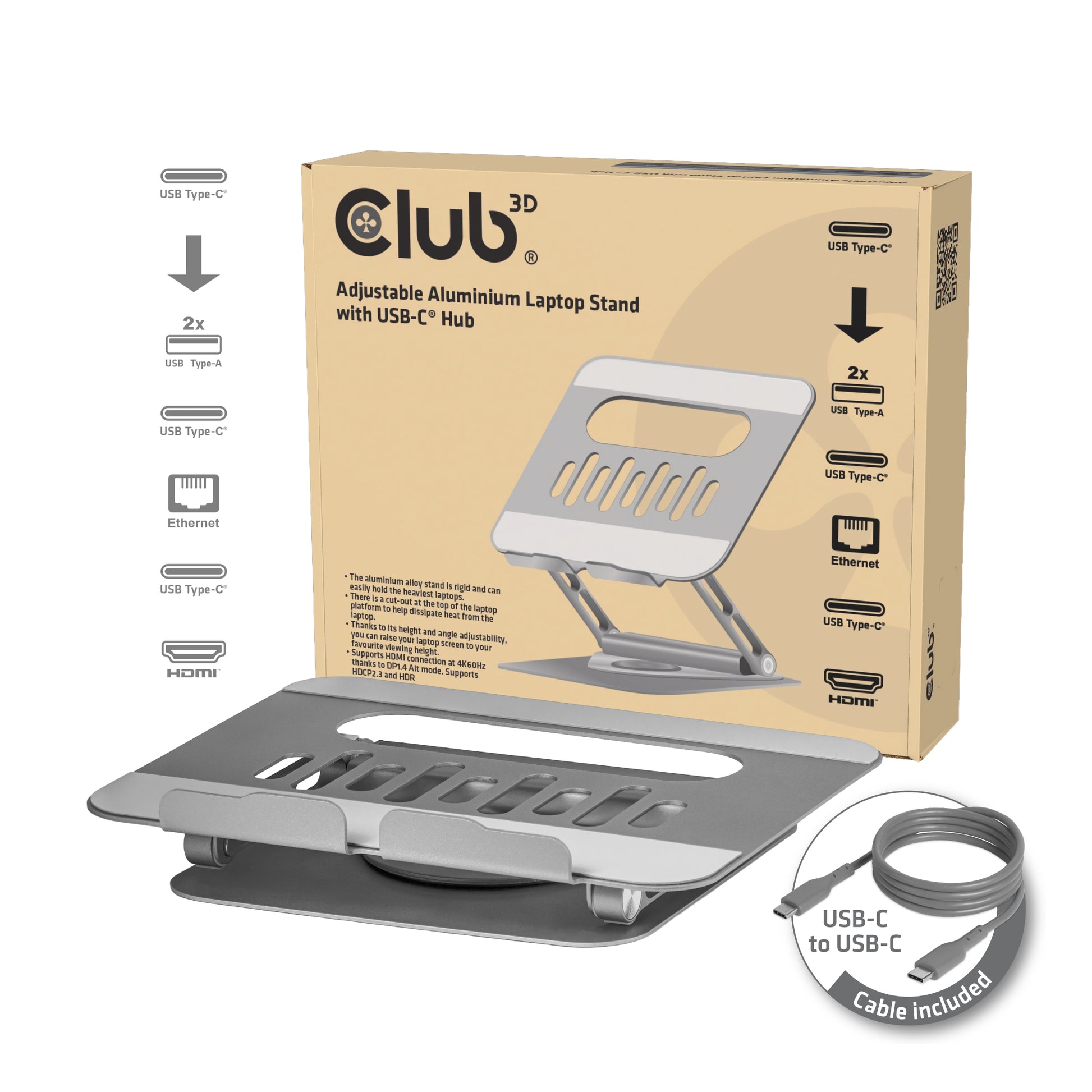 CLUB3D Laptop-Ständer – bis 17,3", höhenverstellbar, mit USB-C-Hub 100 W – Grau