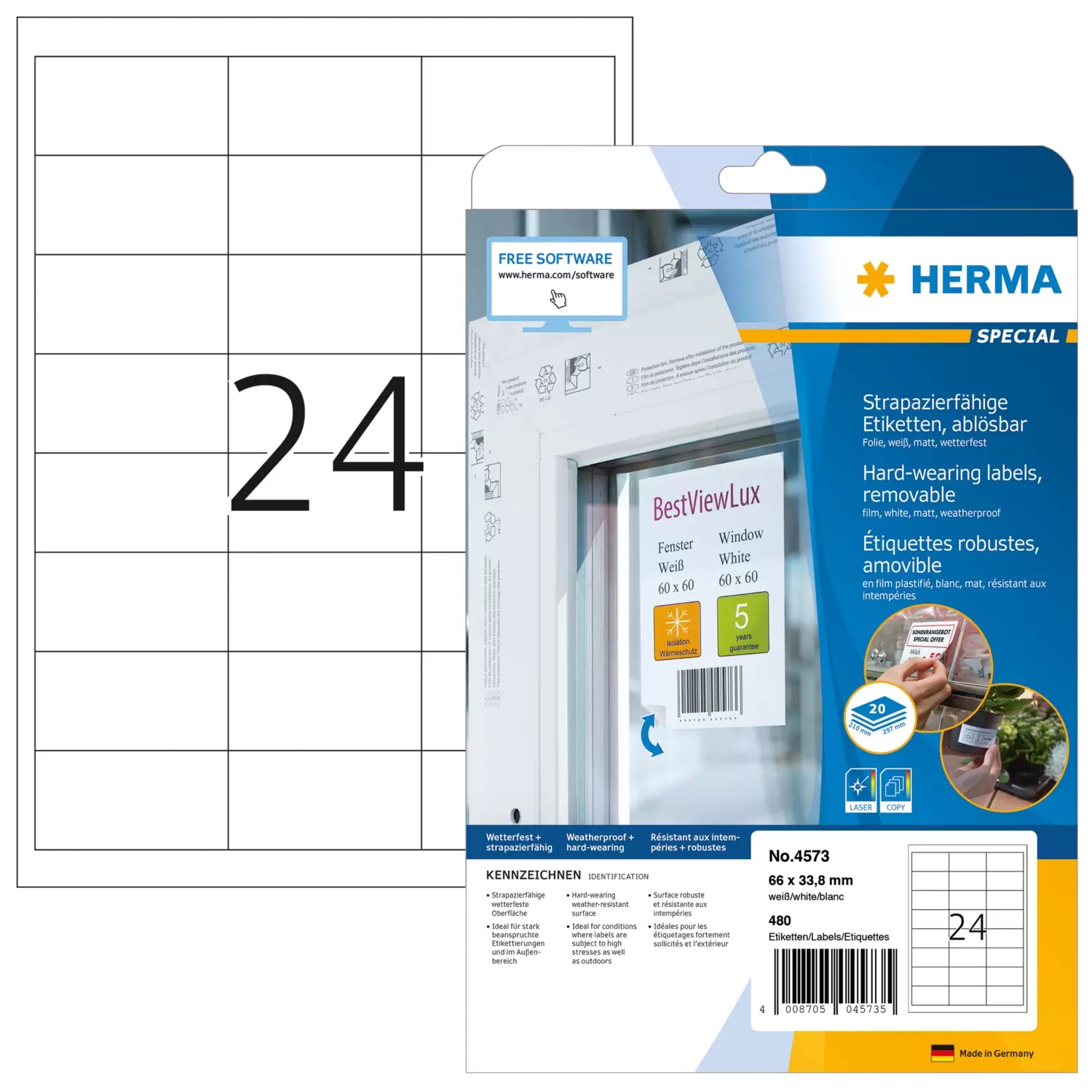 HERMA Folienetiketten, 66 mm × 33,8 mm, weiss, Folie, extra stark, Packung 20 Blatt (480 Etiketten)