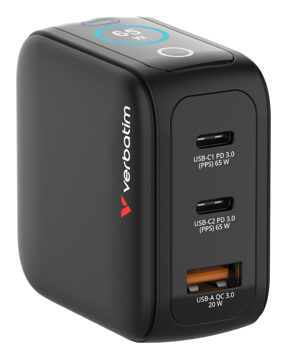 Verbatim 30238 USB-Ladegerät 65 W – USB-C×2, USB-A×1 – PD 3.0, PPS, QC 3.0 – GaN – EU/UK/US-Stecker – Schwarz