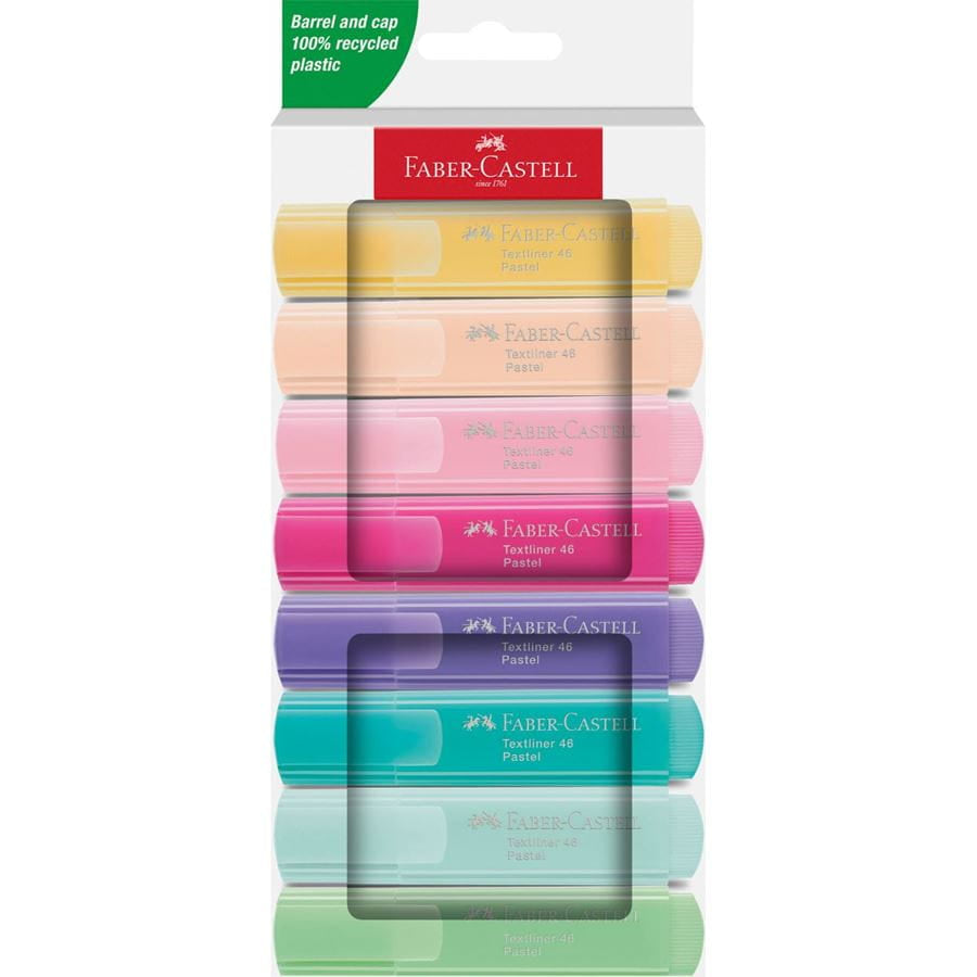 Faber-Castell 46 Textmarker Set 8 Farben Pastell – Keilspitze, 1–5 mm, nachfüllbar