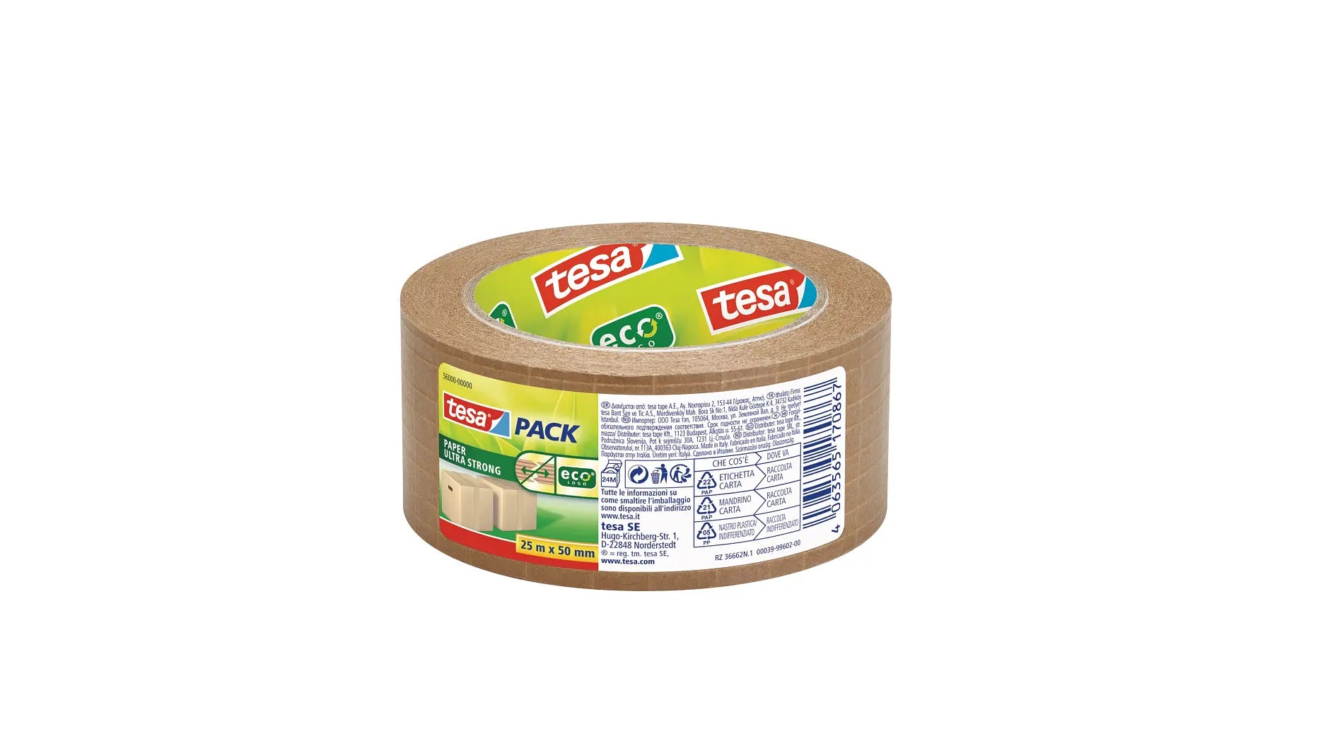 TESA ecoLogo – Verpackungsklebeband, Papier, Braun, glasfaserverstärkt, Naturkautschuk – 50 mm × 25 m – 1 Rolle