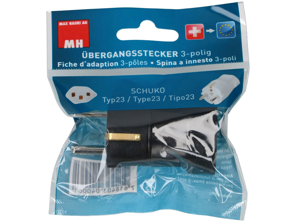 Max Hauri AG Max Hauri – Reiseadapter – geerdet, 16 A, 230 V – von Typ F zu Typ T23 – 40×30×70 mm – schwarz – 1 Stk.