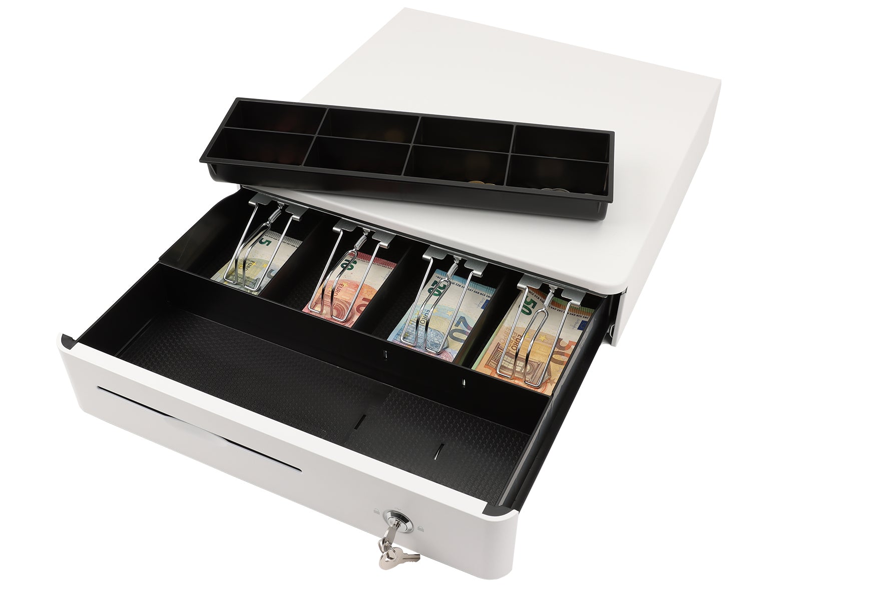Olympia MD 405 – Kassenschublade, 4 Scheinfächer/8 Münzfächer, RJ‑11/RJ‑12, 405 × 400 × 102 mm, Weiss