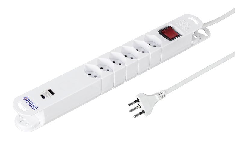 Steffen STEBA VARIABL Steckdosenleiste, 6×T13, 1×USB‑A + 1×USB‑C PD 18 W, mit Schalter, 3 m – weiss