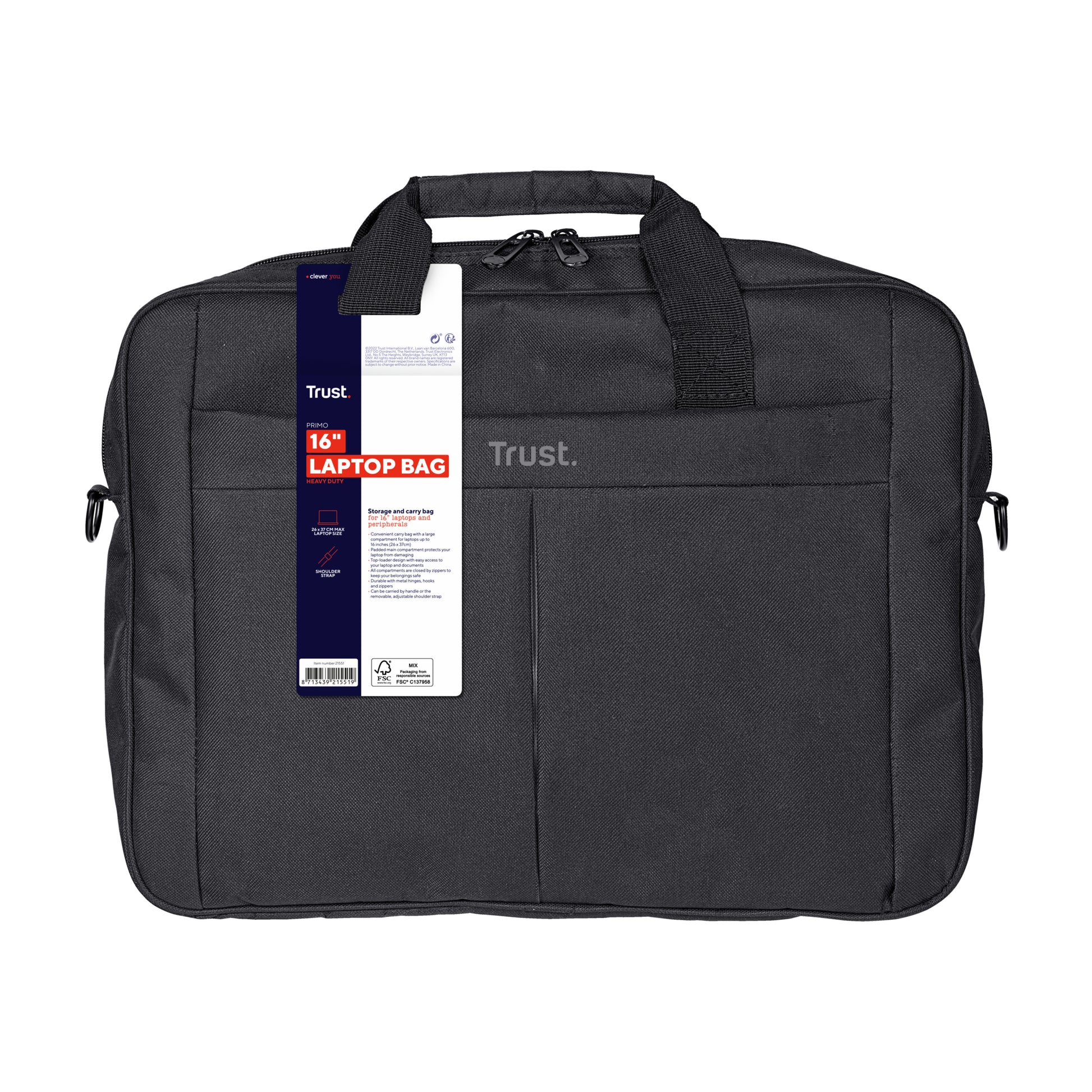 Trust Notebook-Tasche bis 16" – 2 Fächer, Schultergurt – Schwarz
