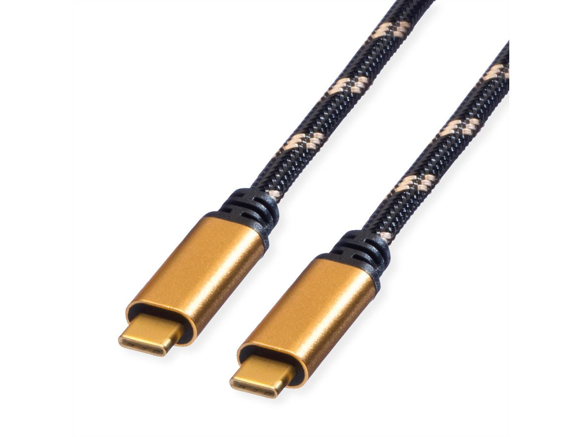 ROLINE USB-C auf USB-C Kabel – USB4 40 Gbit/s – 2 m – PD 100 W – Geflochten, Goldstecker – Schwarz/Gold