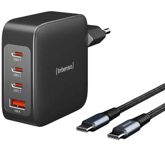 Intenso W140A3C USB-Ladegerät 140 W – USB-C×3, USB-A×1 – PD 3.1, QC 4.0, GaN – Schwarz, inkl. USB-C-Kabel 2 m