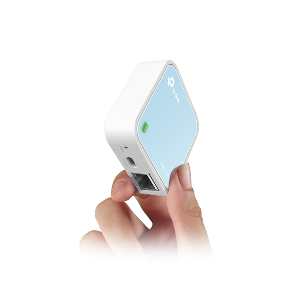TP-Link TL-WR802N – Mini-WLAN-Router, Wi-Fi 4, 2,4 GHz, 300 Mbit/s, 1× Fast Ethernet, USB, Blau/Weiss