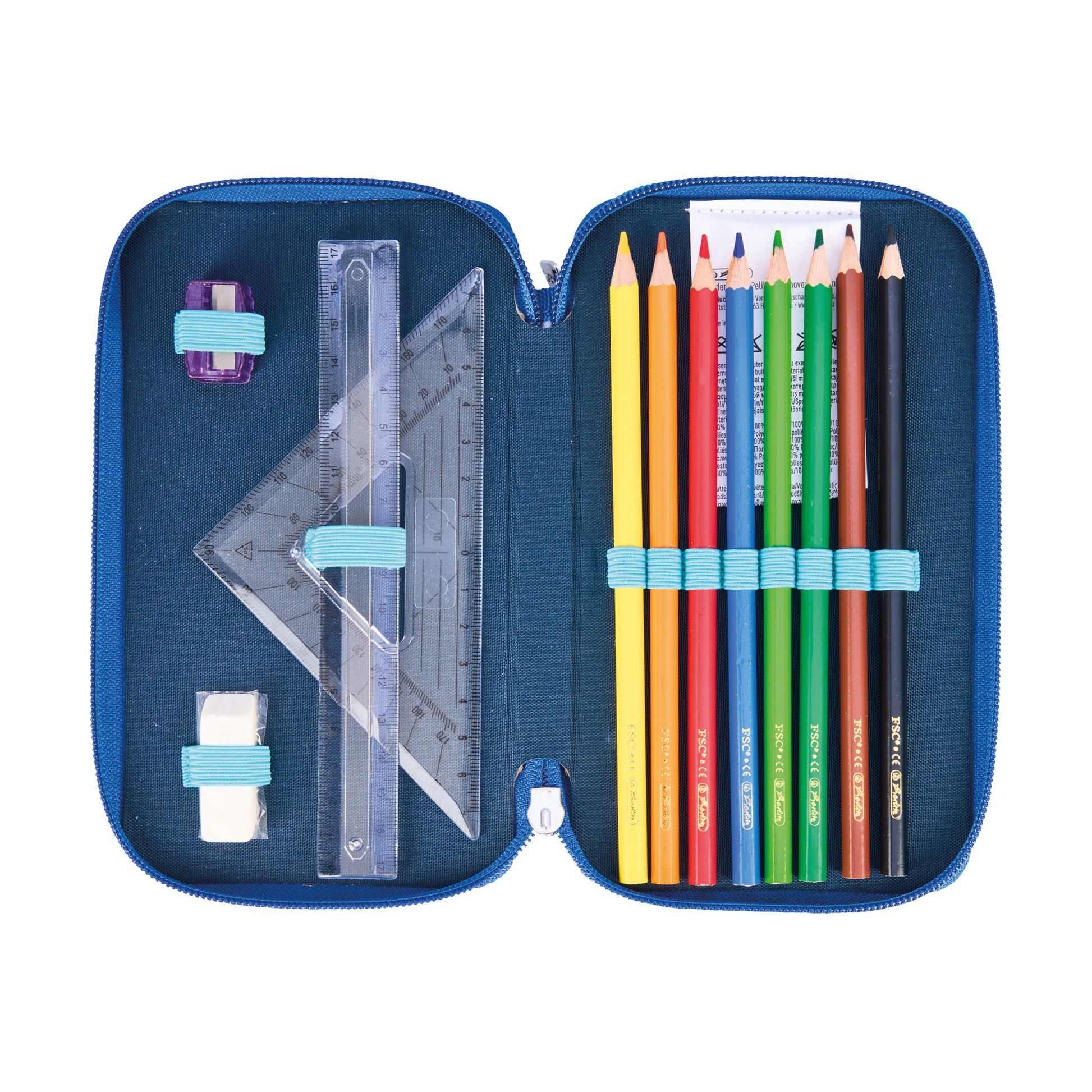 Herlitz TriCase – Schüleretui, 3 Klappen, gefüllt (31-teilig), Jungle Safari, Blau, 19 × 11,5 × 7 cm